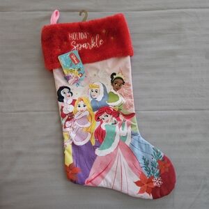 NEW Disney Princess Holiday Sparkle Christmas Stocking Pink Red Fuzzy Trim Snow